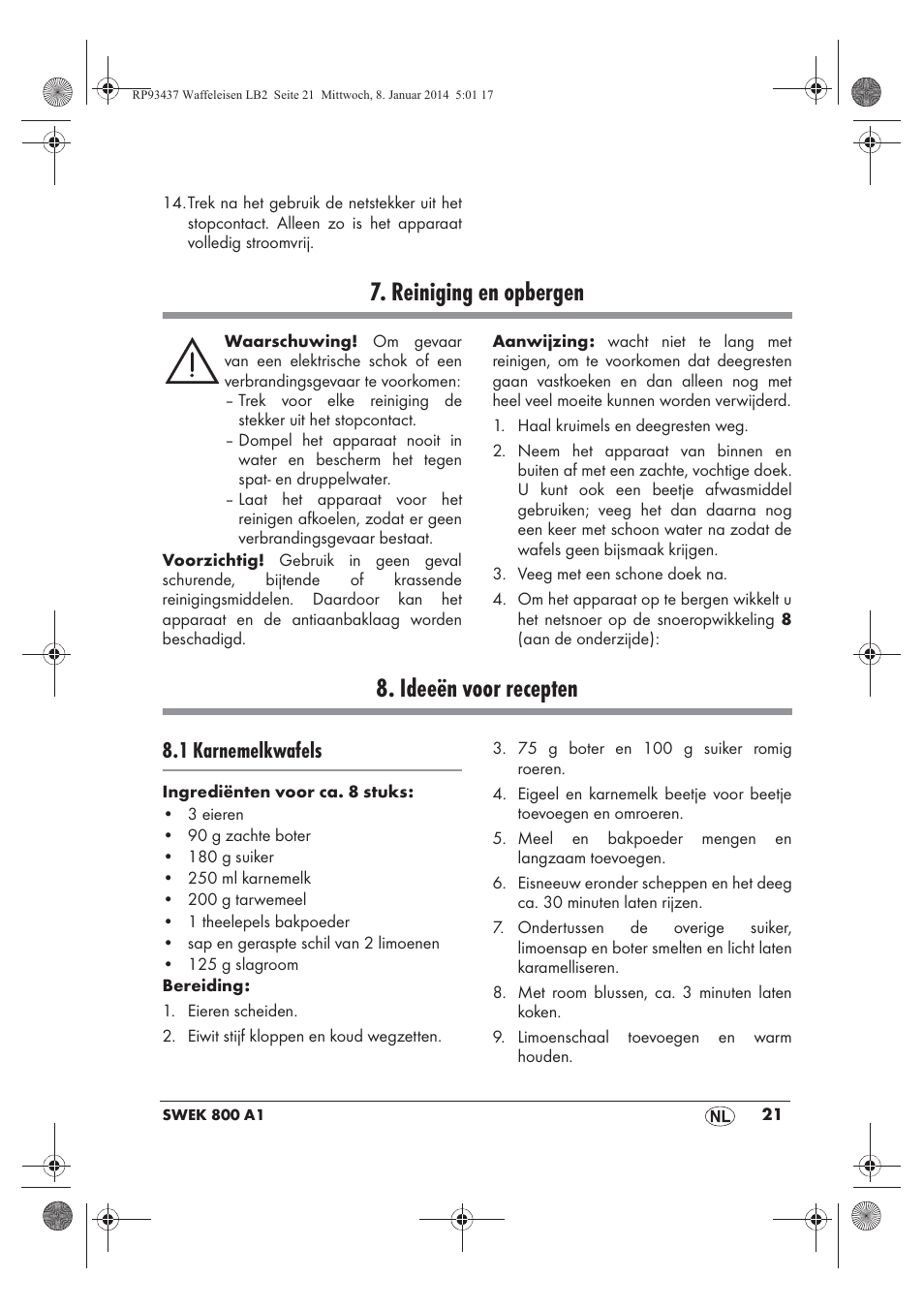 Reiniging en opbergen, Ideeën voor recepten, 1 karnemelkwafels | Silvercrest SWEK 800 A1 User Manual | Page 23 / 50