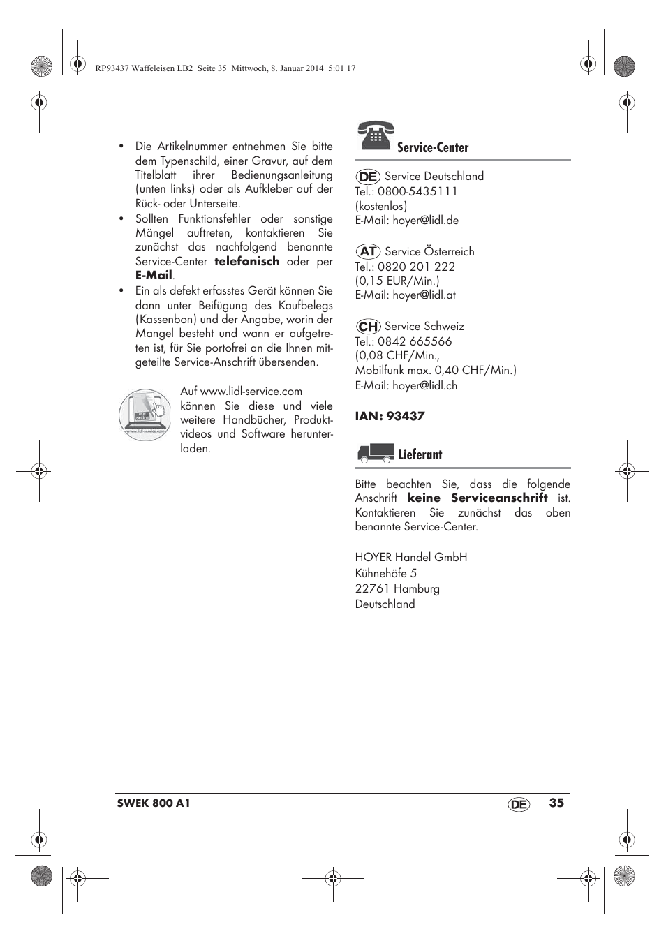 Service-center, Lieferant | Silvercrest SWEK 800 A1 User Manual | Page 37 / 50