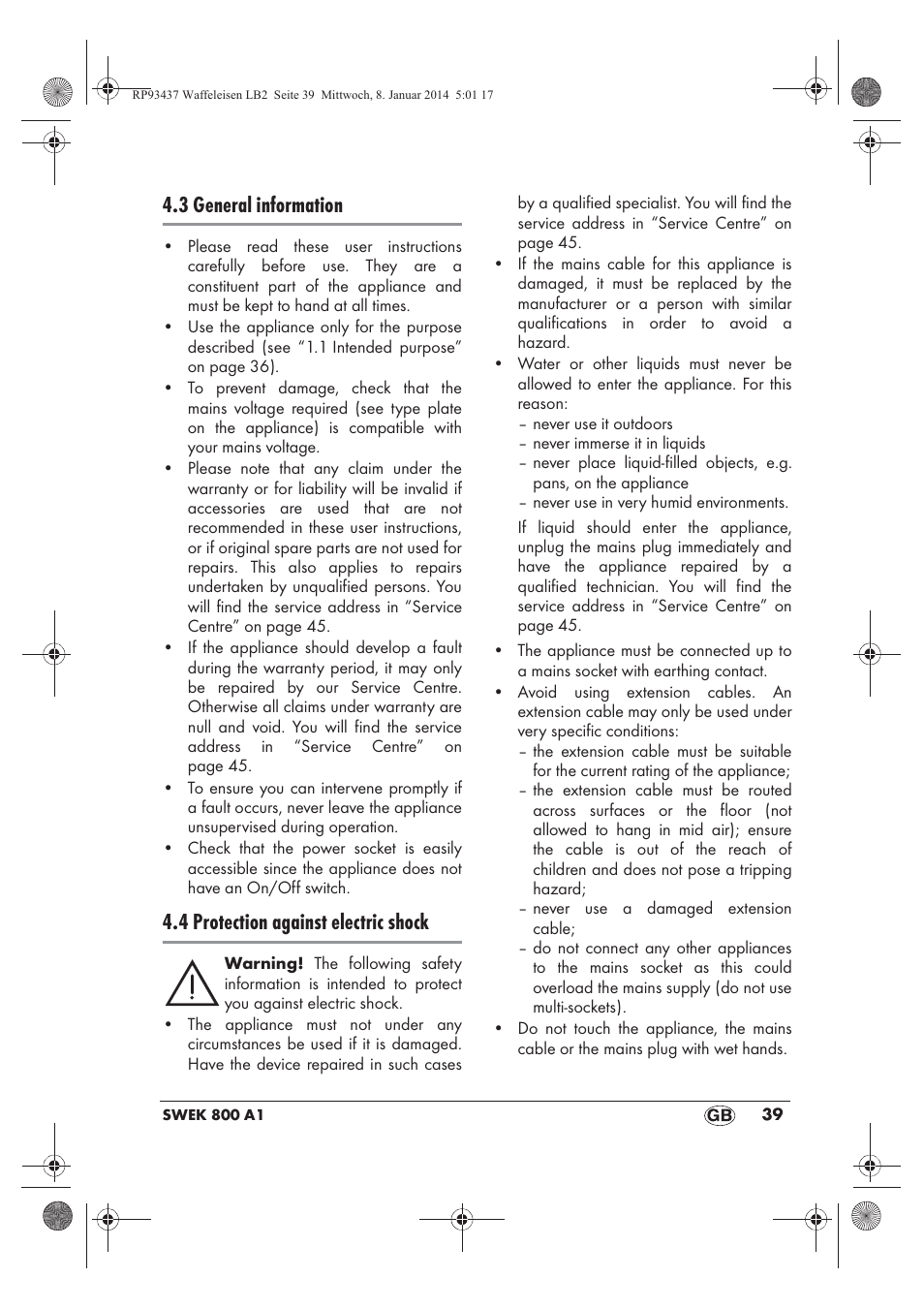 3 general information, 4 protection against electric shock | Silvercrest SWEK 800 A1 User Manual | Page 41 / 50