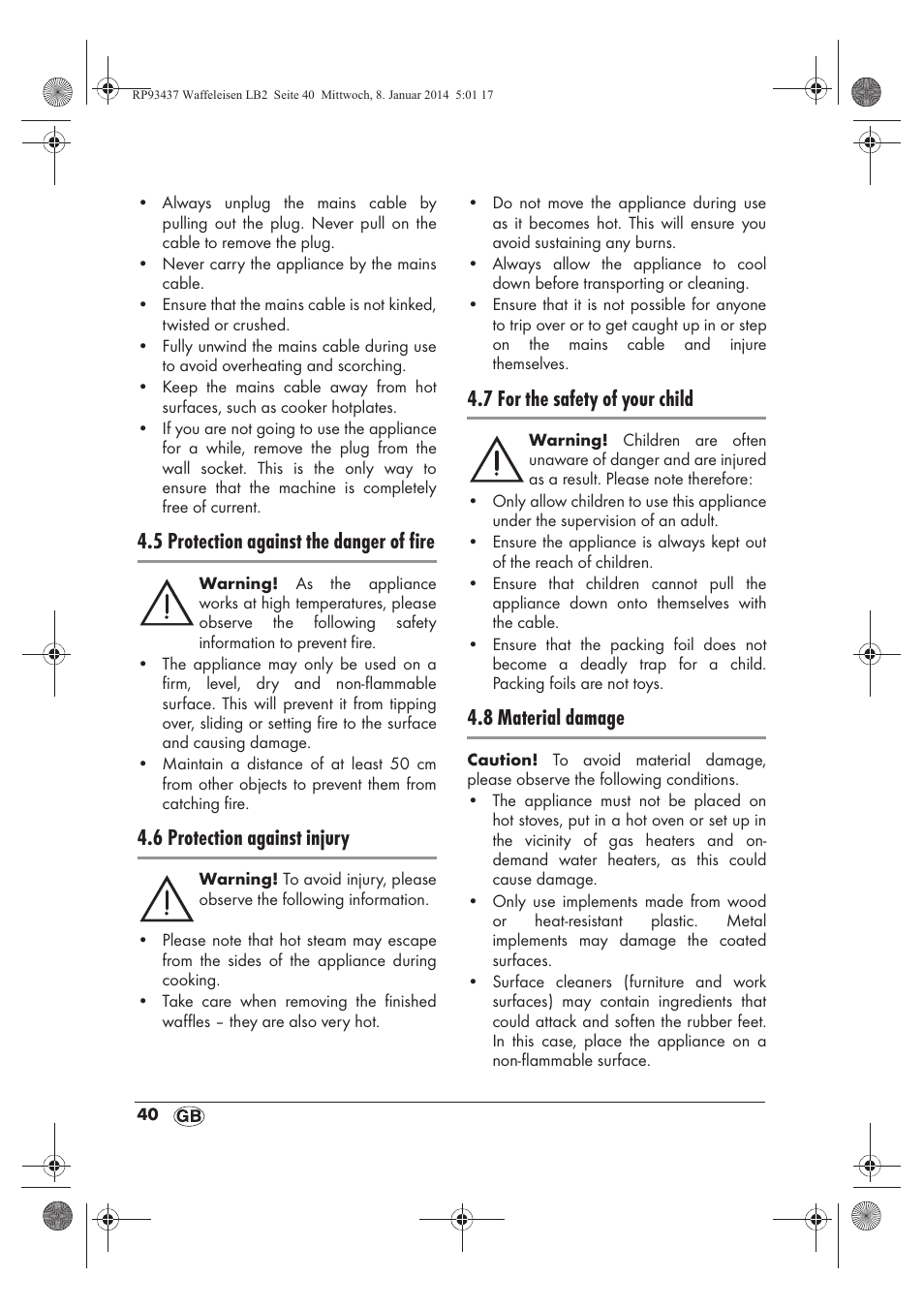 5 protection against the danger of fire, 6 protection against injury, 7 for the safety of your child | 8 material damage | Silvercrest SWEK 800 A1 User Manual | Page 42 / 50