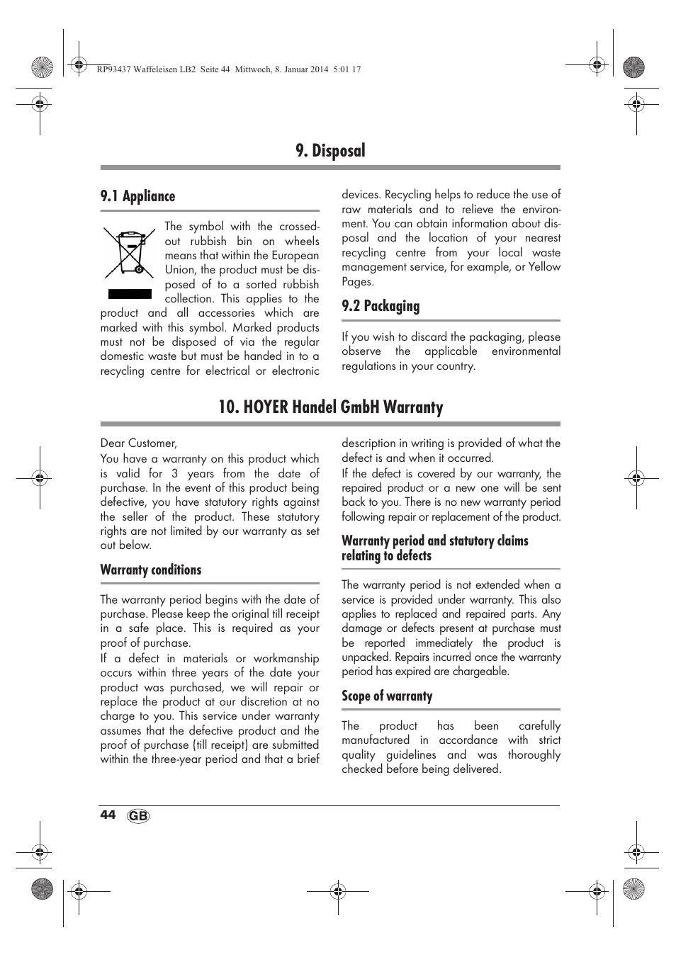 Disposal, Hoyer handel gmbh warranty | Silvercrest SWEK 800 A1 User Manual | Page 46 / 50