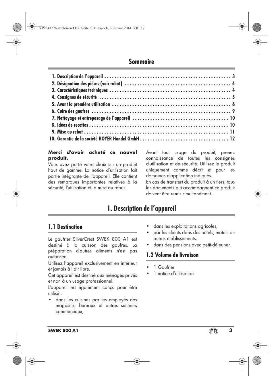 Sommaire, Description de l’appareil, 1 destination | 2 volume de livraison | Silvercrest SWEK 800 A1 User Manual | Page 5 / 50