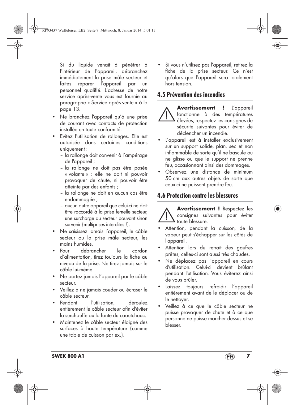 5 prévention des incendies, 6 protection contre les blessures | Silvercrest SWEK 800 A1 User Manual | Page 9 / 50