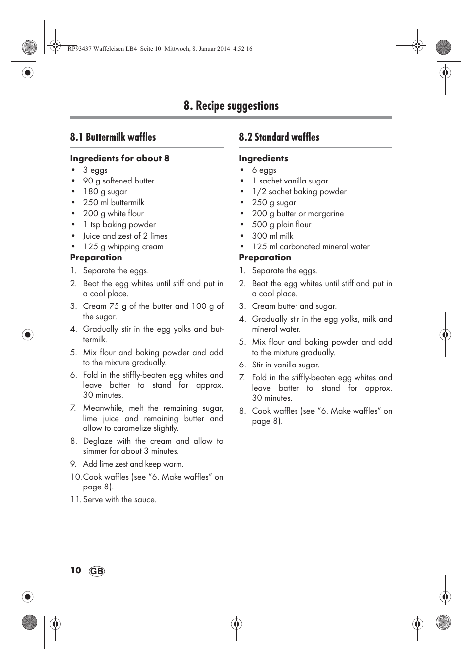 Recipe suggestions, 1 buttermilk waffles, 2 standard waffles | Silvercrest SWEK 800 A1 User Manual | Page 12 / 78