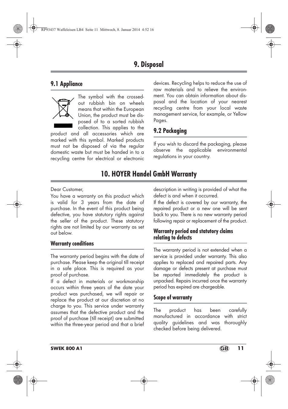 Disposal, Hoyer handel gmbh warranty | Silvercrest SWEK 800 A1 User Manual | Page 13 / 78