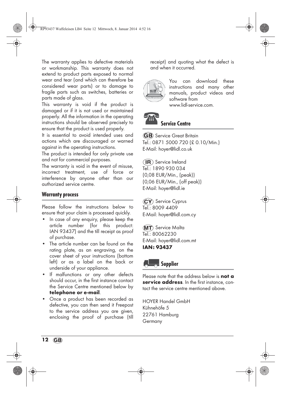 Warranty process, Service centre, Supplier | Silvercrest SWEK 800 A1 User Manual | Page 14 / 78