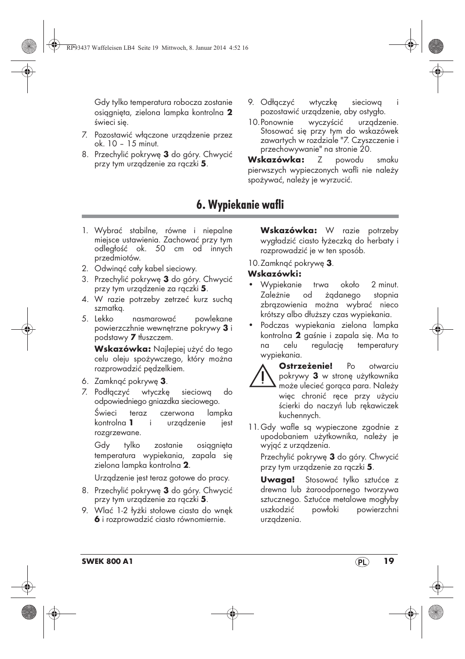 Wypiekanie wafli | Silvercrest SWEK 800 A1 User Manual | Page 21 / 78