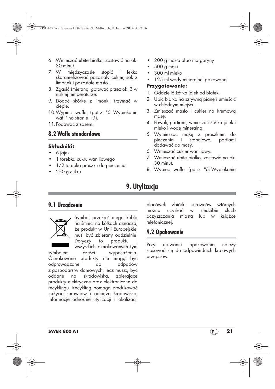 Utylizacja, 2 wafle standardowe, 1 urządzenie | 2 opakowanie | Silvercrest SWEK 800 A1 User Manual | Page 23 / 78