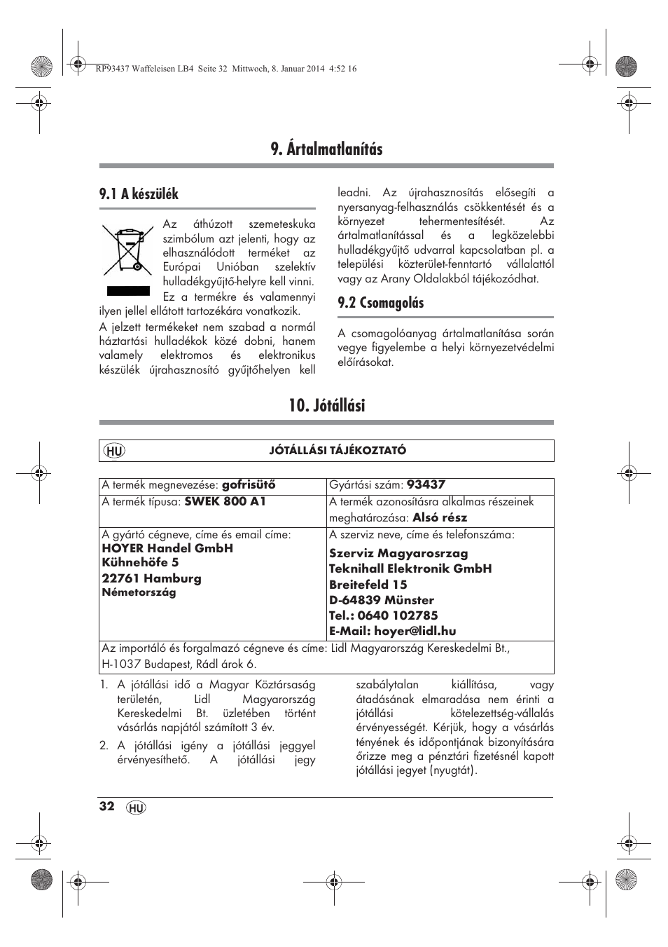 Ártalmatlanítás, Jótállási, 1 a készülék | 2 csomagolás | Silvercrest SWEK 800 A1 User Manual | Page 34 / 78