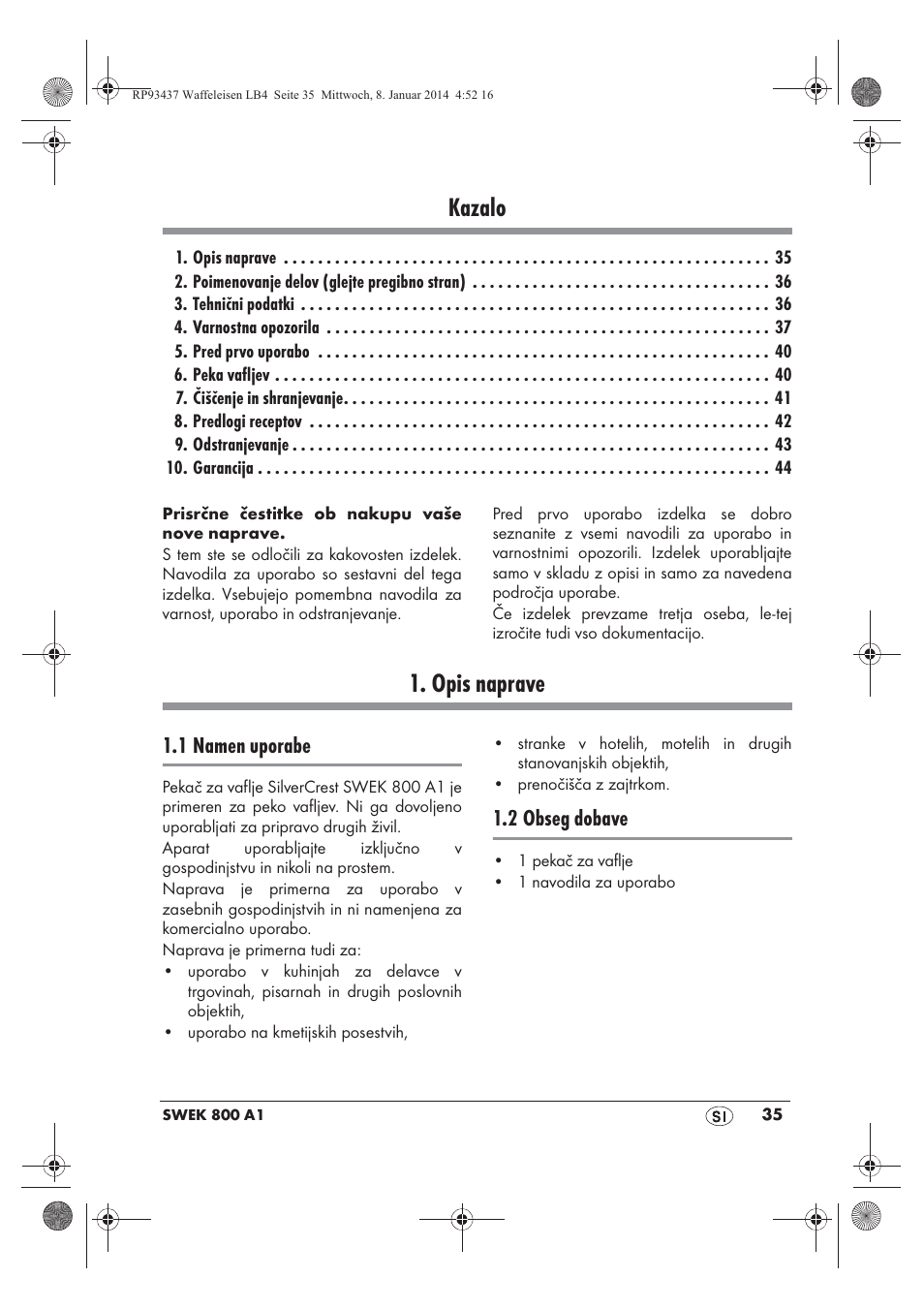 Kazalo, Opis naprave, 1 namen uporabe | 2 obseg dobave | Silvercrest SWEK 800 A1 User Manual | Page 37 / 78