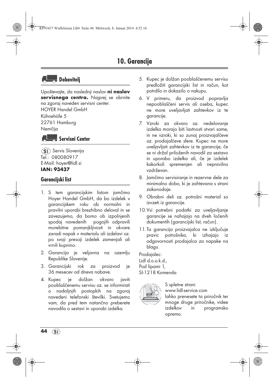 Garancija, Dobavitelj, Servisni center | Garancijski list | Silvercrest SWEK 800 A1 User Manual | Page 46 / 78