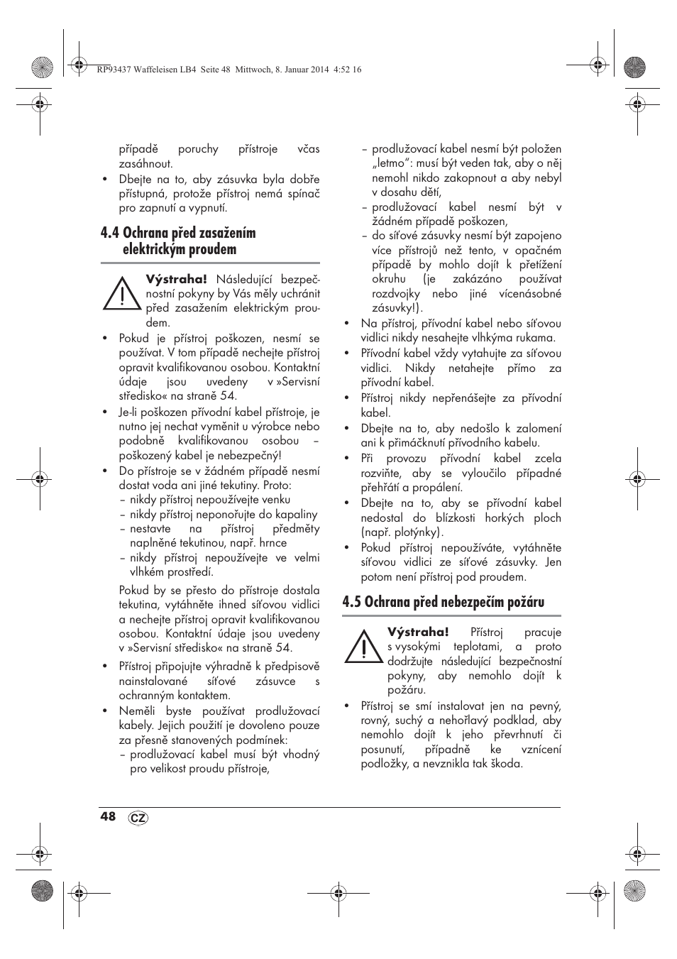 4 ochrana před zasažením elektrickým proudem, 5 ochrana před nebezpečím požáru | Silvercrest SWEK 800 A1 User Manual | Page 50 / 78