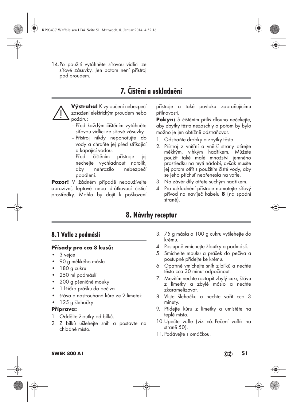 Čištění a uskladnění, Návrhy receptur, 1 vafle z podmáslí | Silvercrest SWEK 800 A1 User Manual | Page 53 / 78