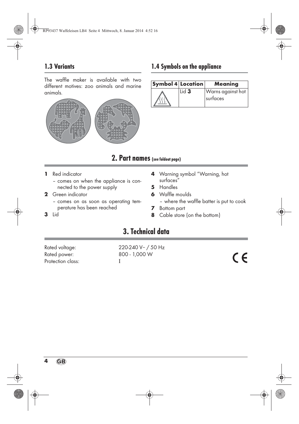 Part names, Technical data, 3 variants | 4 symbols on the appliance | Silvercrest SWEK 800 A1 User Manual | Page 6 / 78