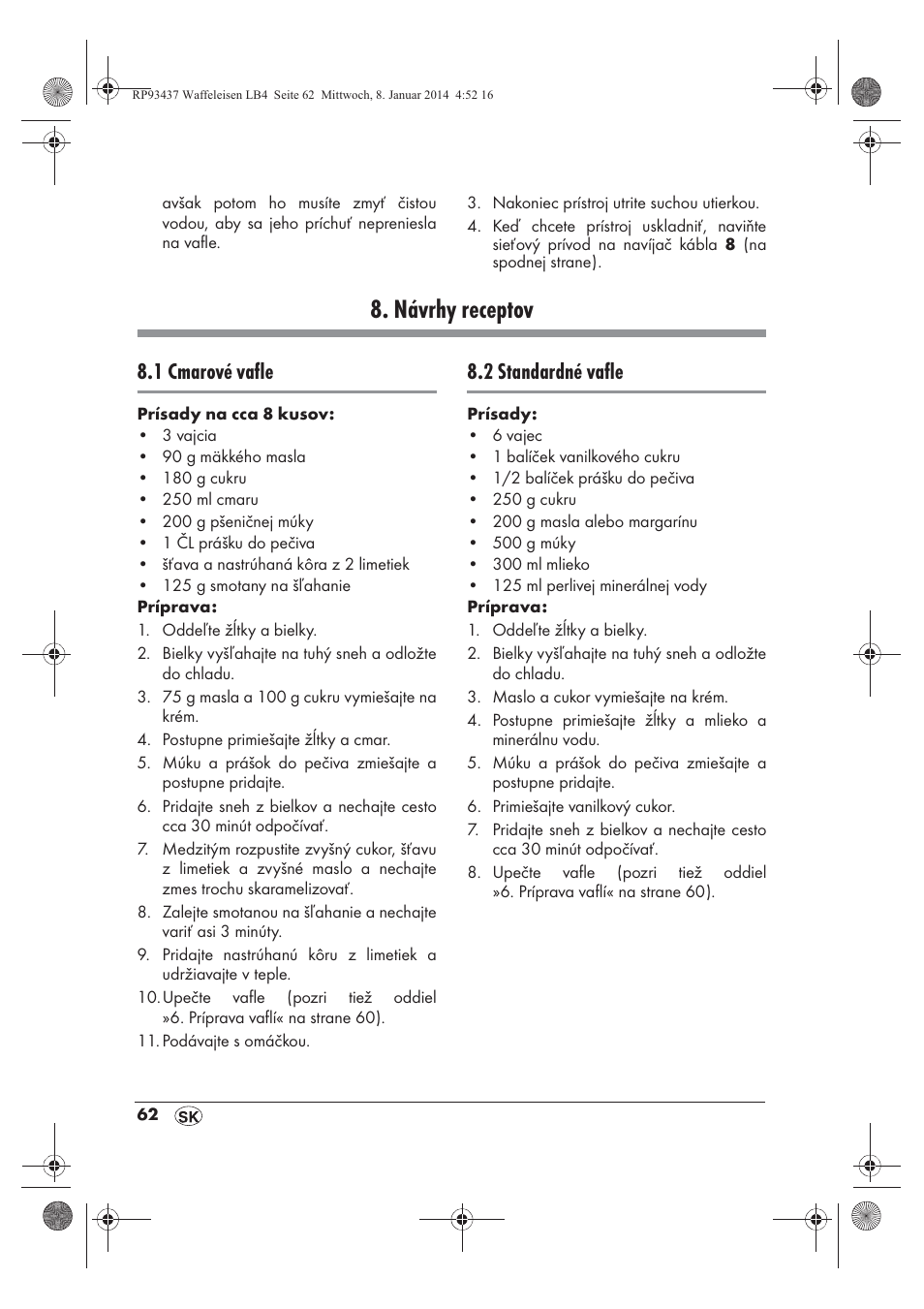 Návrhy receptov, 1 cmarové vafle, 2 standardné vafle | Silvercrest SWEK 800 A1 User Manual | Page 64 / 78