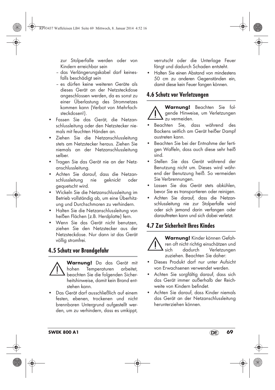 5 schutz vor brandgefahr, 6 schutz vor verletzungen, 7 zur sicherheit ihres kindes | Silvercrest SWEK 800 A1 User Manual | Page 71 / 78