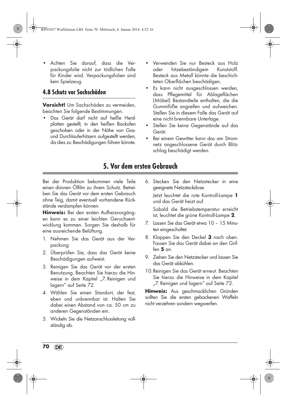 Vor dem ersten gebrauch, 8 schutz vor sachschäden | Silvercrest SWEK 800 A1 User Manual | Page 72 / 78