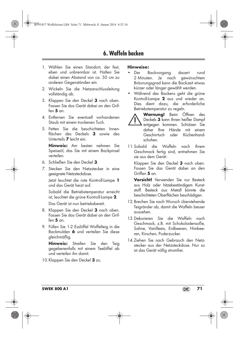 Waffeln backen | Silvercrest SWEK 800 A1 User Manual | Page 73 / 78
