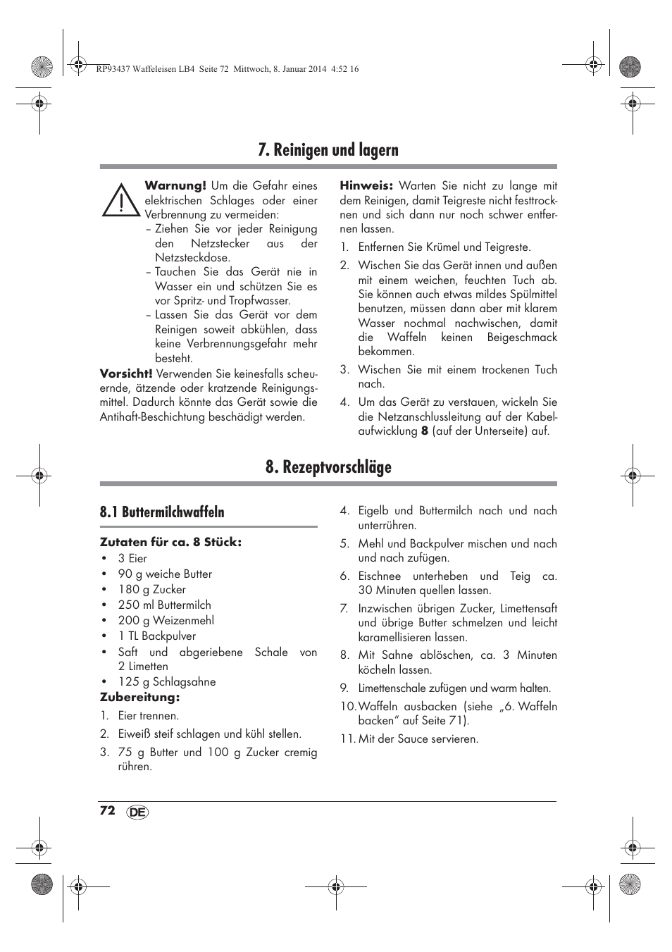 Reinigen und lagern, Rezeptvorschläge, 1 buttermilchwaffeln | Silvercrest SWEK 800 A1 User Manual | Page 74 / 78