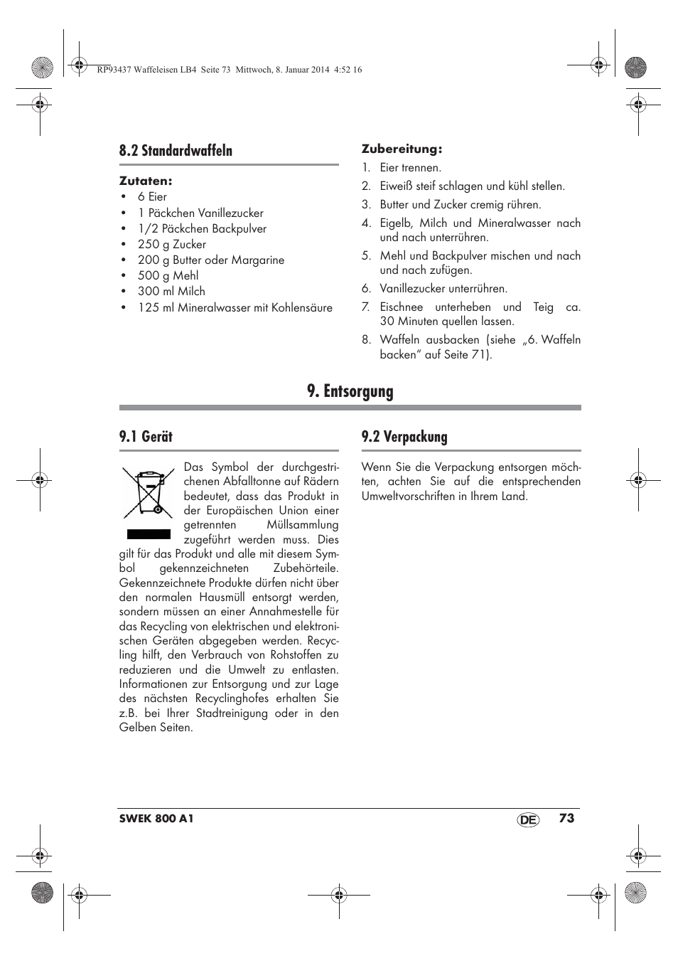 Entsorgung, 2 standardwaffeln, 1 gerät | 2 verpackung | Silvercrest SWEK 800 A1 User Manual | Page 75 / 78