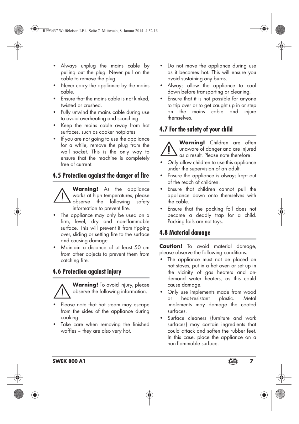 5 protection against the danger of fire, 6 protection against injury, 7 for the safety of your child | 8 material damage | Silvercrest SWEK 800 A1 User Manual | Page 9 / 78