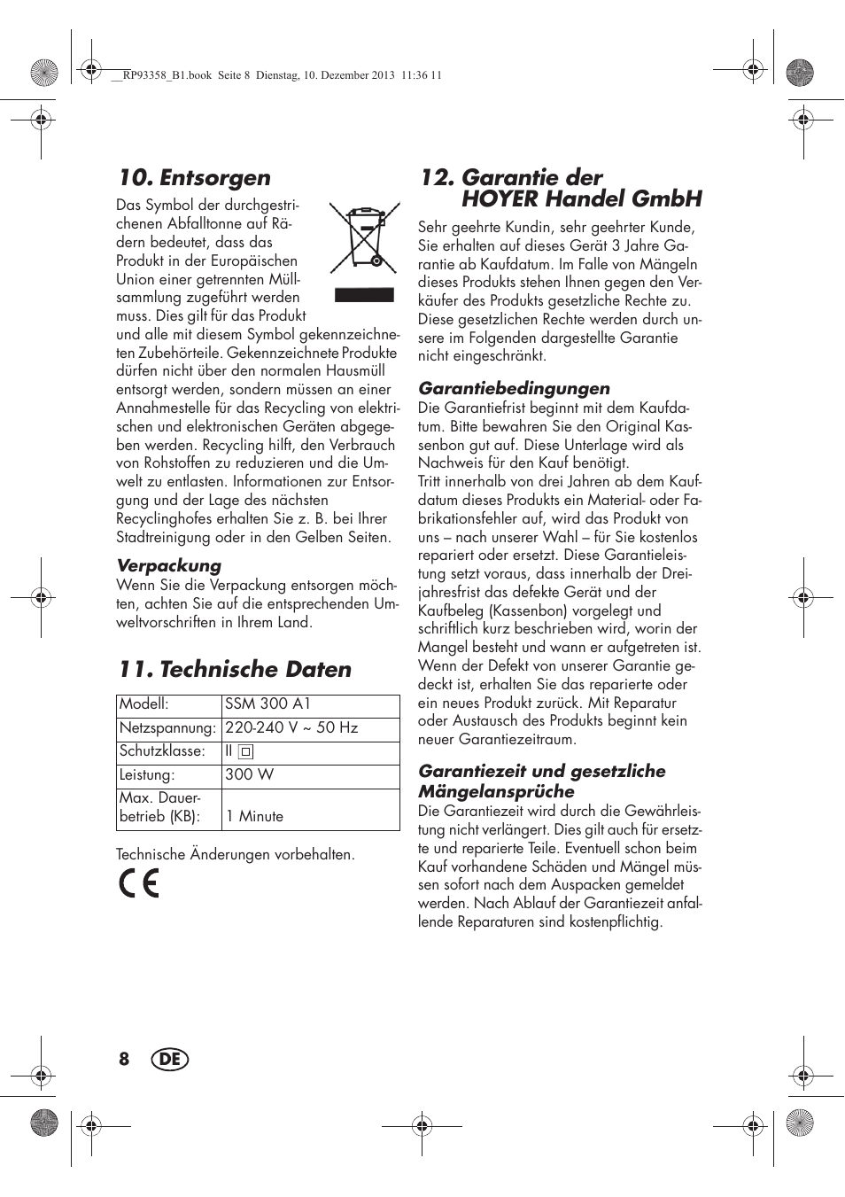 Entsorgen, Technische daten, Garantie der hoyerhandel gmbh | Silvercrest SSM 300 A1 User Manual | Page 10 / 46