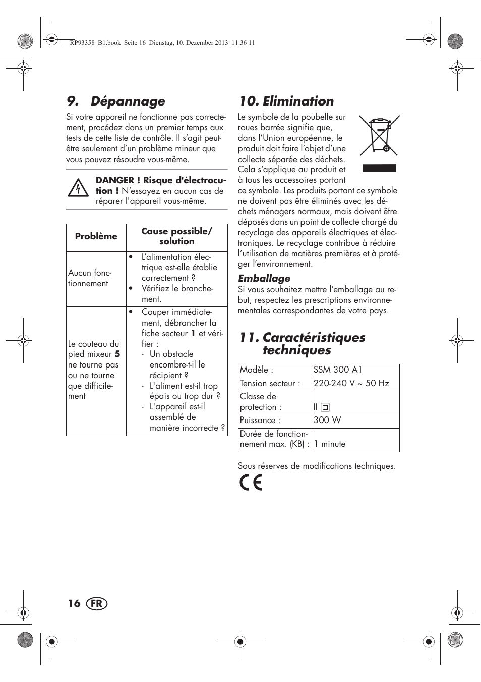 Dépannage, Elimination, Caractéristiques techniques | Silvercrest SSM 300 A1 User Manual | Page 18 / 46