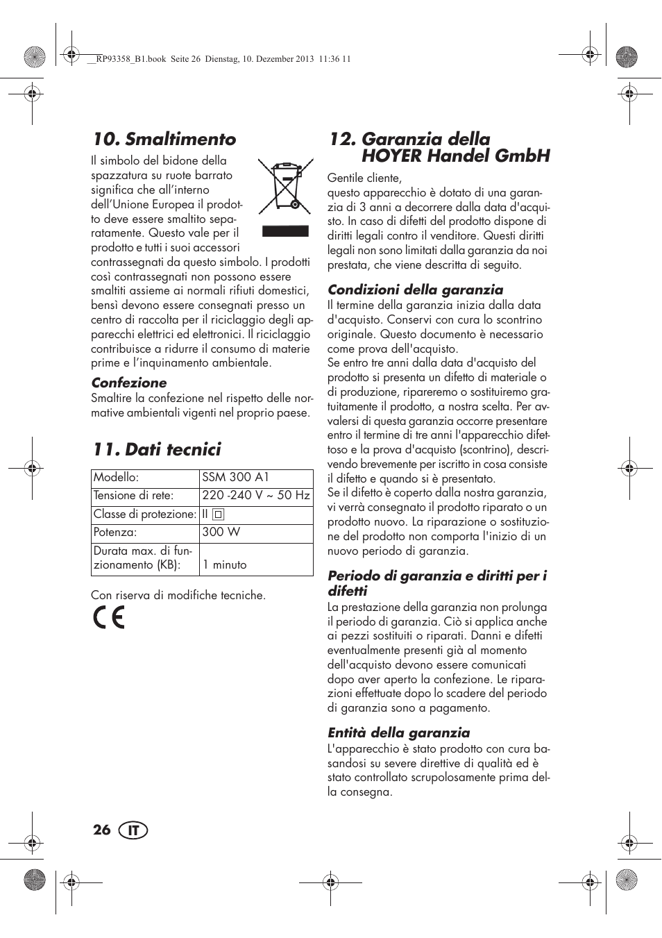 Smaltimento, Dati tecnici, Garanzia della hoyer handel gmbh | Silvercrest SSM 300 A1 User Manual | Page 28 / 46