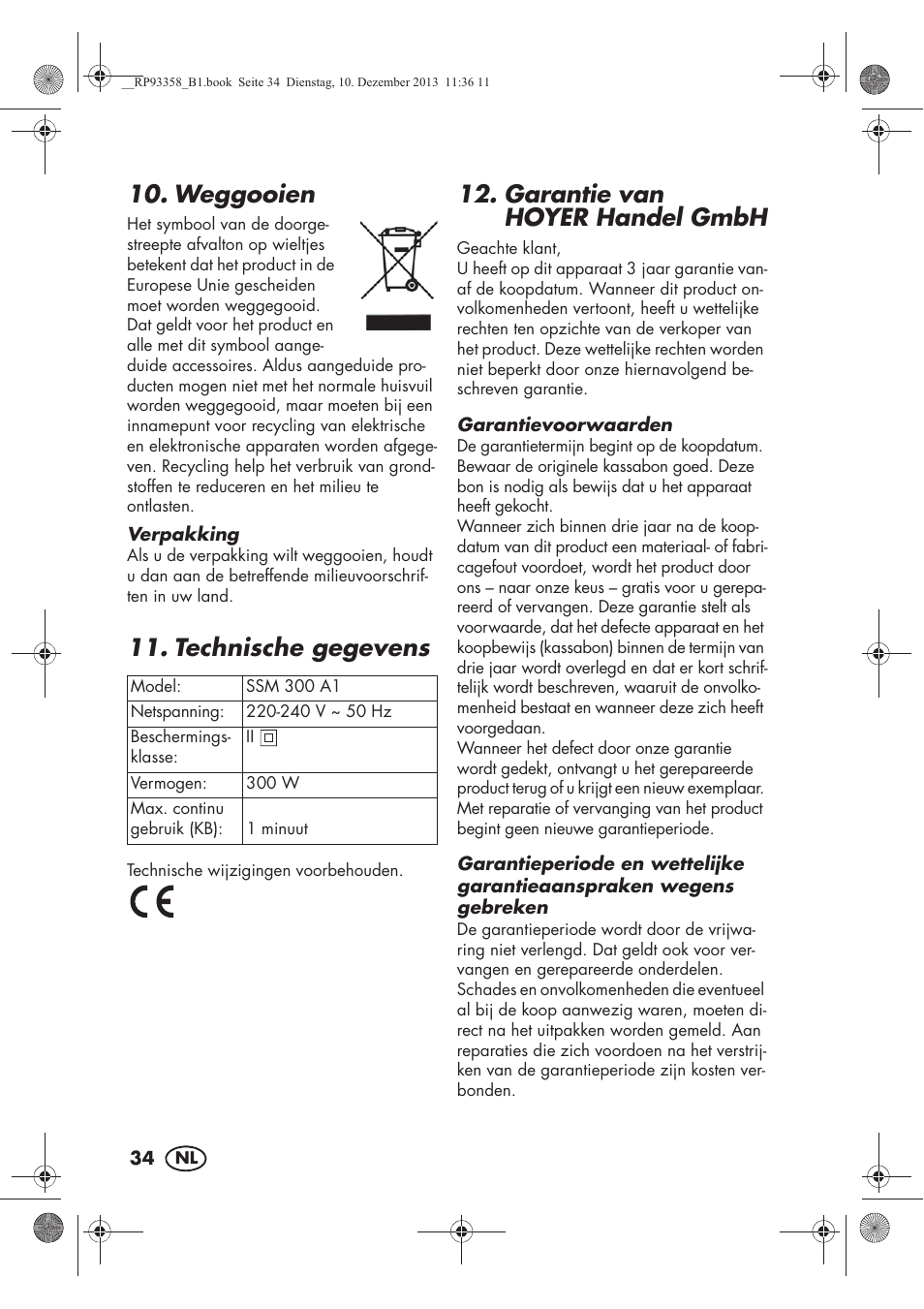 Weggooien, Technische gegevens, Garantie van hoyerhandel gmbh | Silvercrest SSM 300 A1 User Manual | Page 36 / 46