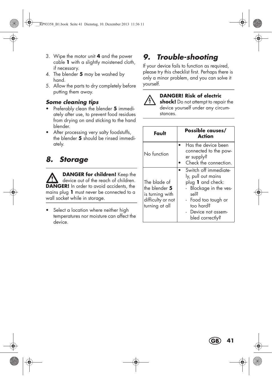 Storage, Trouble-shooting | Silvercrest SSM 300 A1 User Manual | Page 43 / 46