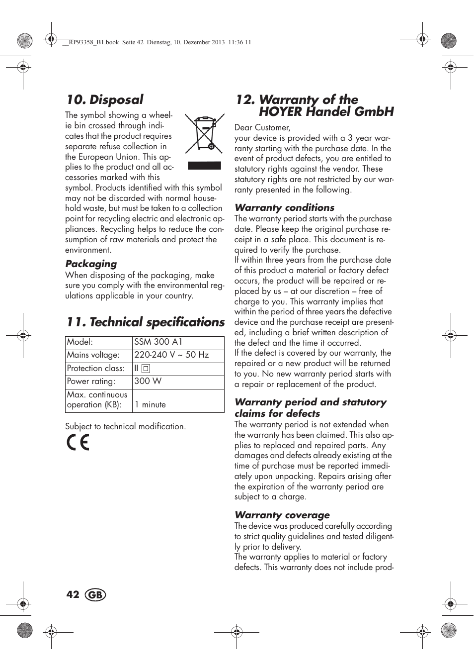 Disposal, Technical specifications, Warranty of the hoyer handel gmbh | Silvercrest SSM 300 A1 User Manual | Page 44 / 46