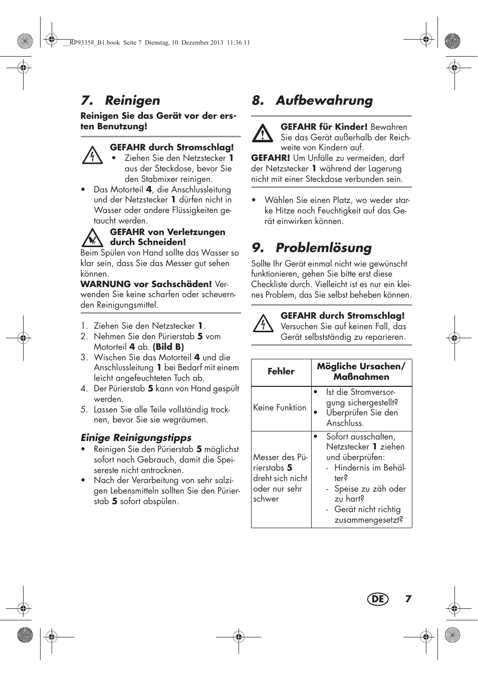 Reinigen, Aufbewahrung, Problemlösung | Silvercrest SSM 300 A1 User Manual | Page 9 / 46