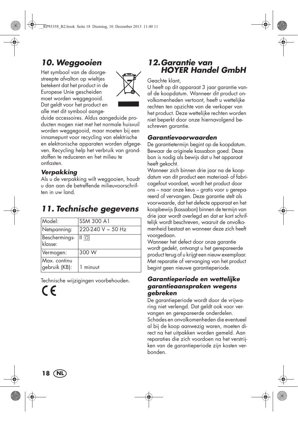 Weggooien, Technische gegevens, Garantie van hoyerhandel gmbh | Silvercrest SSM 300 A1 User Manual | Page 20 / 38