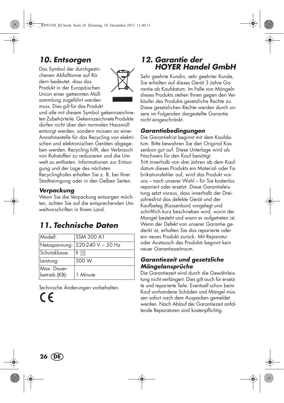 Entsorgen, Technische daten, Garantie der hoyerhandel gmbh | Silvercrest SSM 300 A1 User Manual | Page 28 / 38