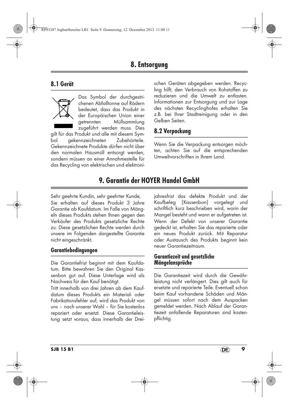 Entsorgung, Garantie der hoyer handel gmbh | Silvercrest SJB 15 B1 User Manual | Page 11 / 50