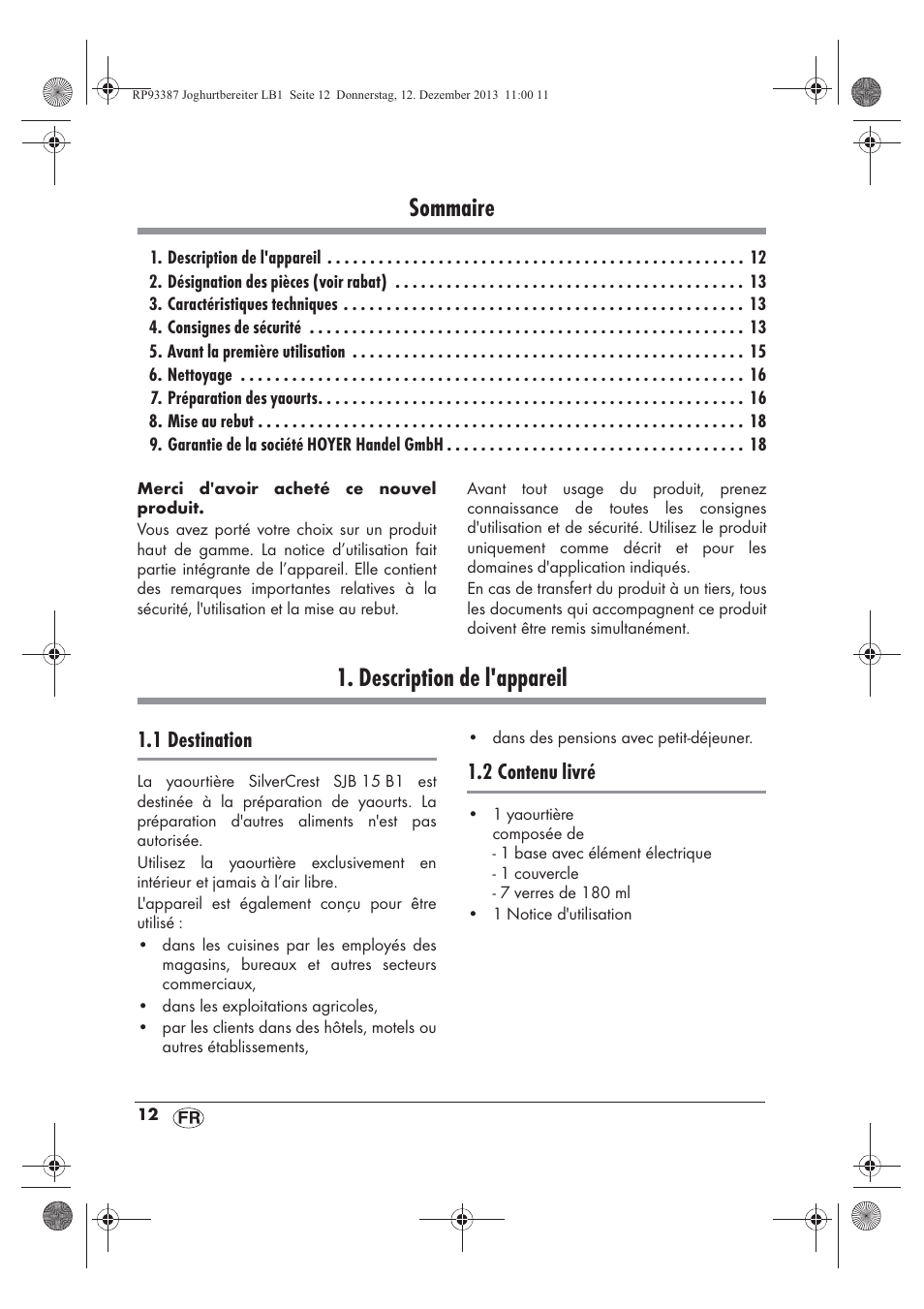 Sommaire, Description de l'appareil, 1 destination | 2 contenu livré | Silvercrest SJB 15 B1 User Manual | Page 14 / 50