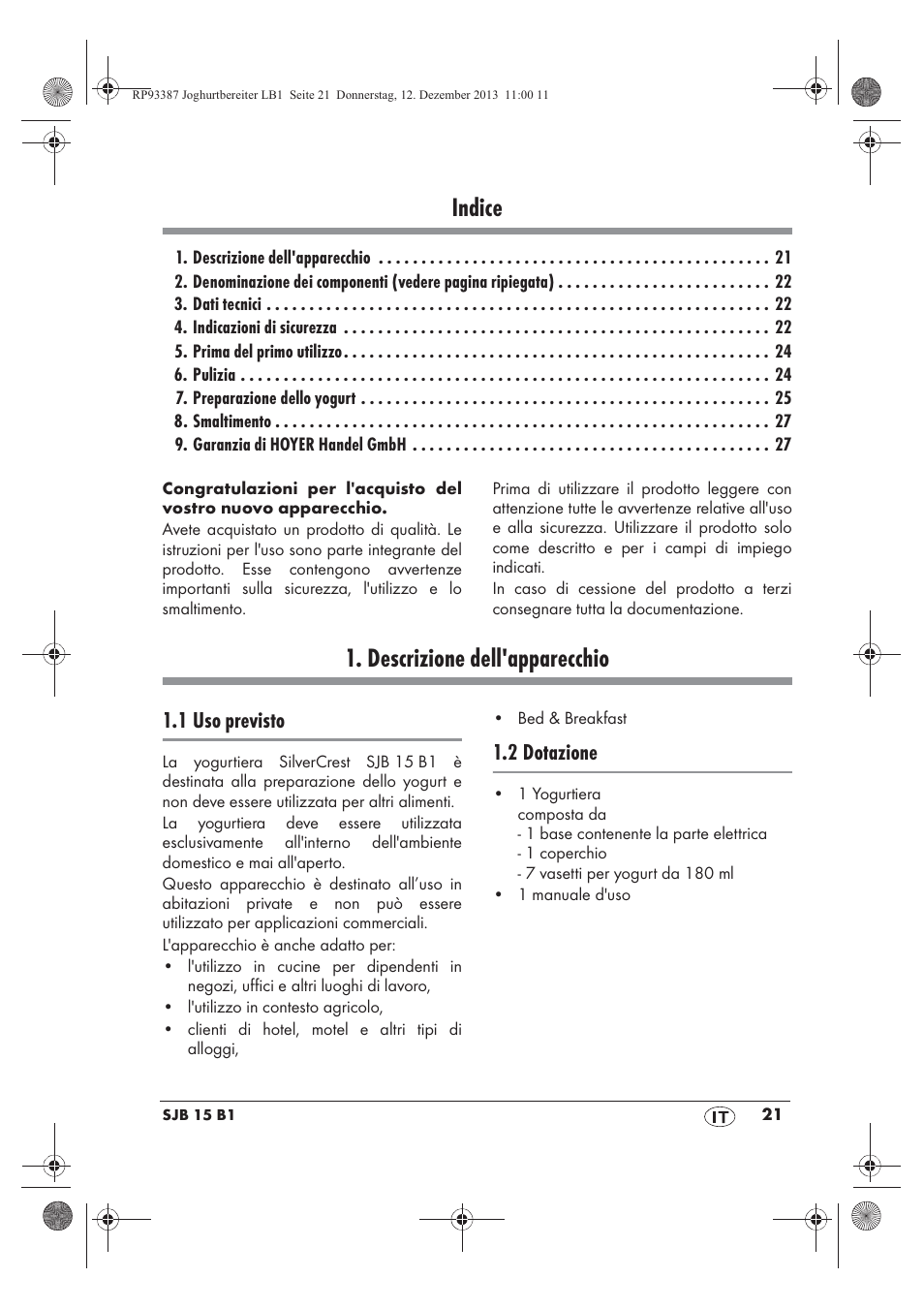 Indice, Descrizione dell'apparecchio, 1 uso previsto | 2 dotazione | Silvercrest SJB 15 B1 User Manual | Page 23 / 50