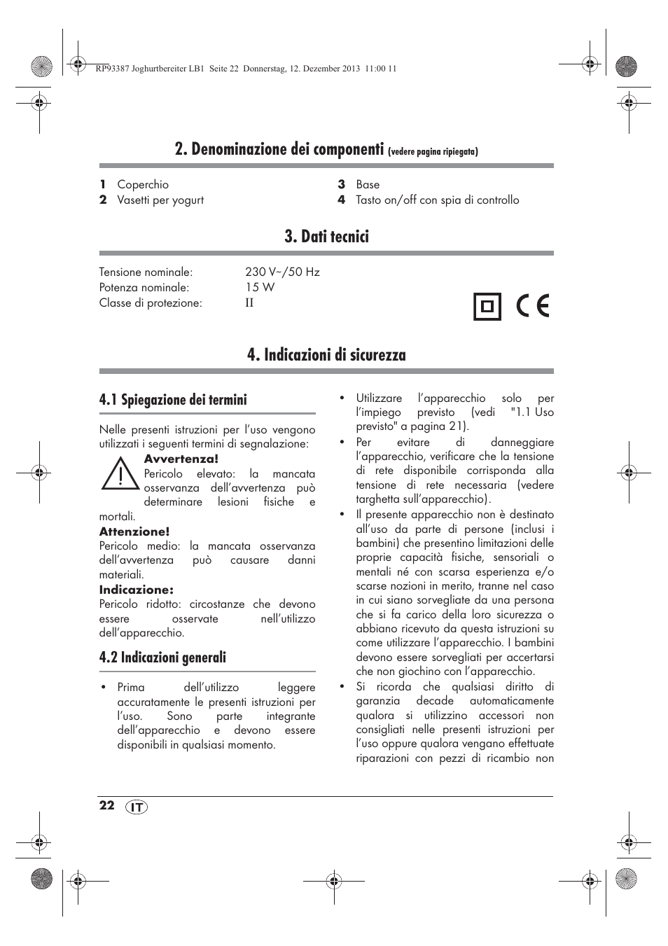 Denominazione dei componenti, Dati tecnici, Indicazioni di sicurezza | 1 spiegazione dei termini, 2 indicazioni generali | Silvercrest SJB 15 B1 User Manual | Page 24 / 50