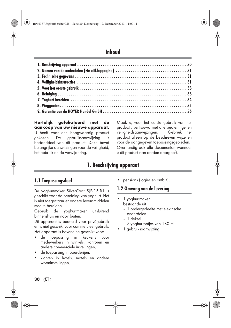 Inhoud, Beschrijving apparaat, 1 toepassingsdoel | 2 omvang van de levering | Silvercrest SJB 15 B1 User Manual | Page 32 / 50