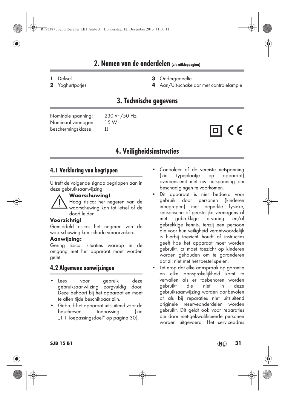 Namen van de onderdelen, Technische gegevens, Veiligheidsinstructies | 1 verklaring van begrippen, 2 algemene aanwijzingen | Silvercrest SJB 15 B1 User Manual | Page 33 / 50