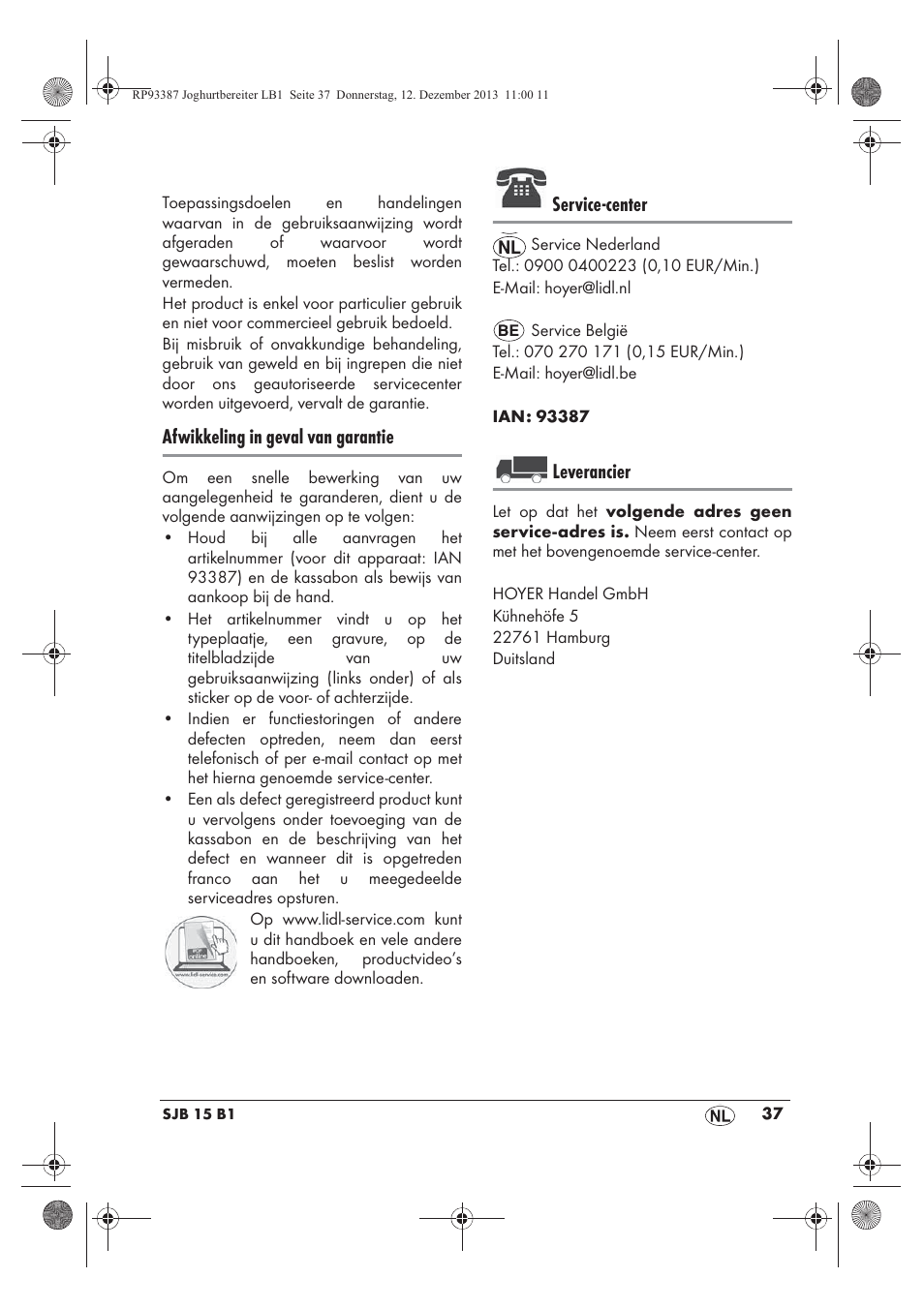 Afwikkeling in geval van garantie, Service-center, Leverancier | Silvercrest SJB 15 B1 User Manual | Page 39 / 50