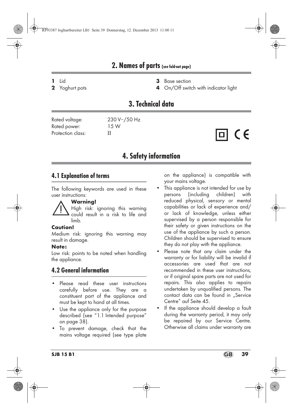 Names of parts, Technical data, Safety information | 1 explanation of terms, 2 general information | Silvercrest SJB 15 B1 User Manual | Page 41 / 50