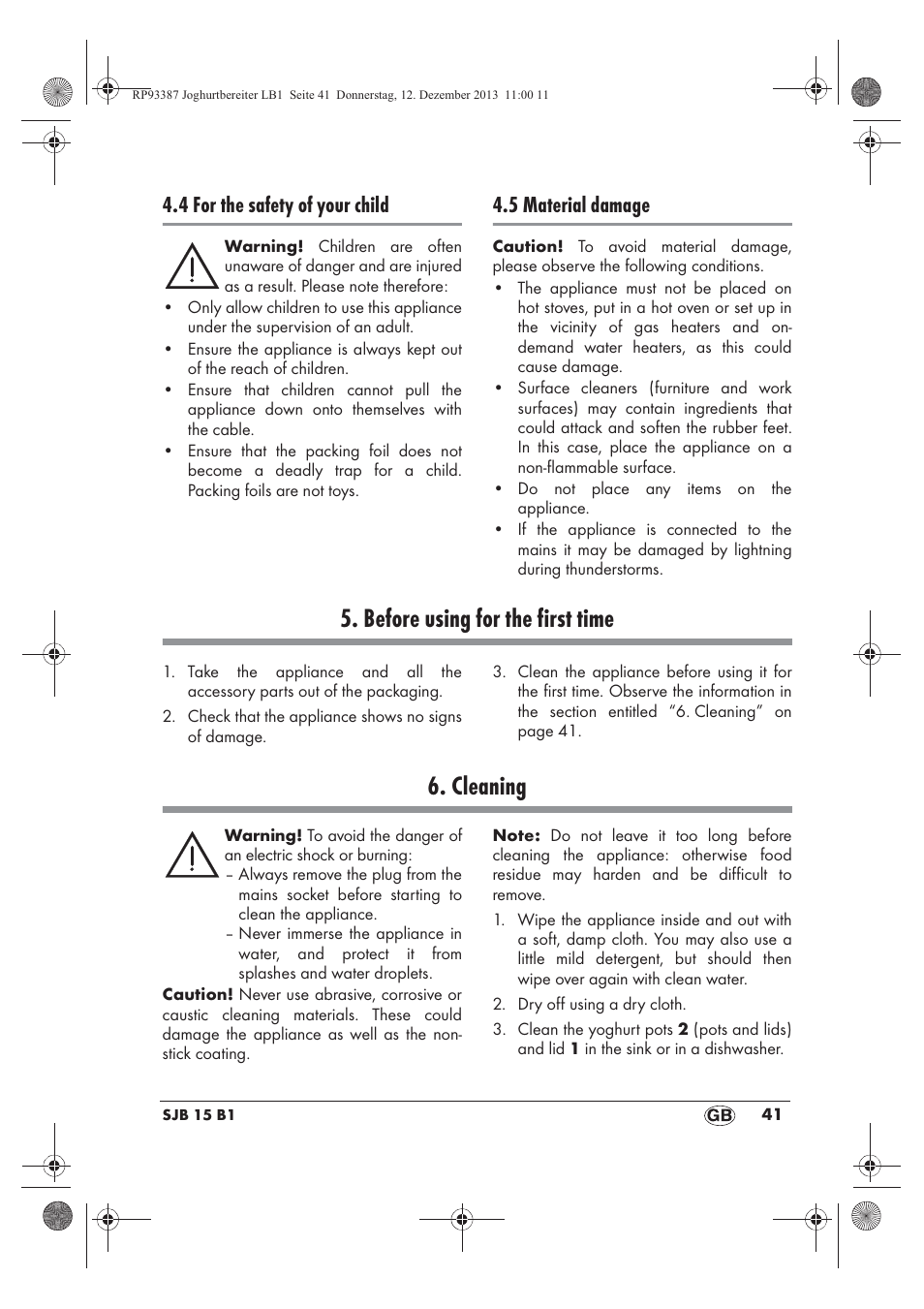 Before using for the first time, Cleaning, 4 for the safety of your child | 5 material damage | Silvercrest SJB 15 B1 User Manual | Page 43 / 50