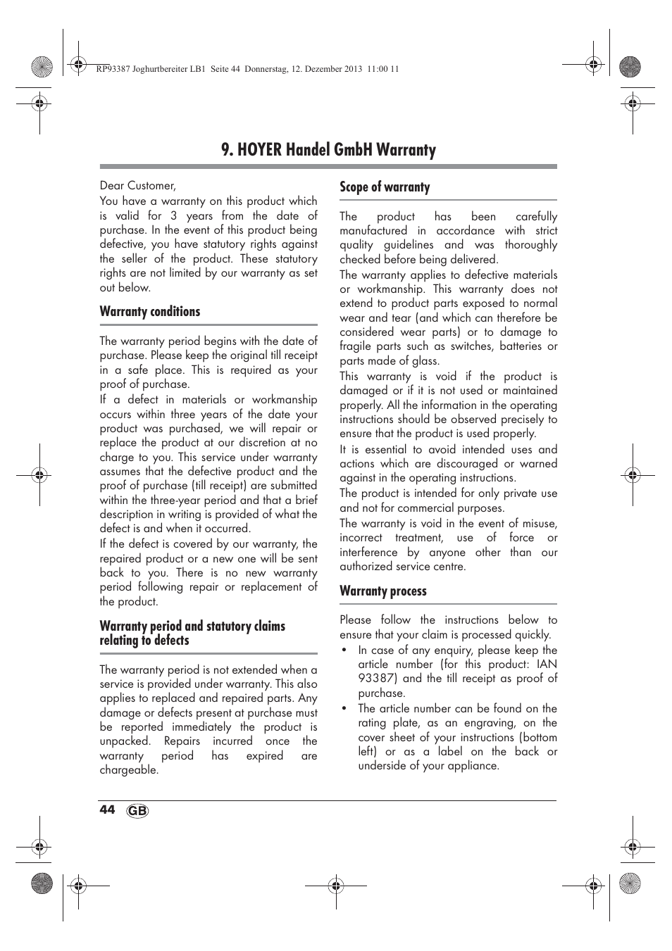 Hoyer handel gmbh warranty | Silvercrest SJB 15 B1 User Manual | Page 46 / 50