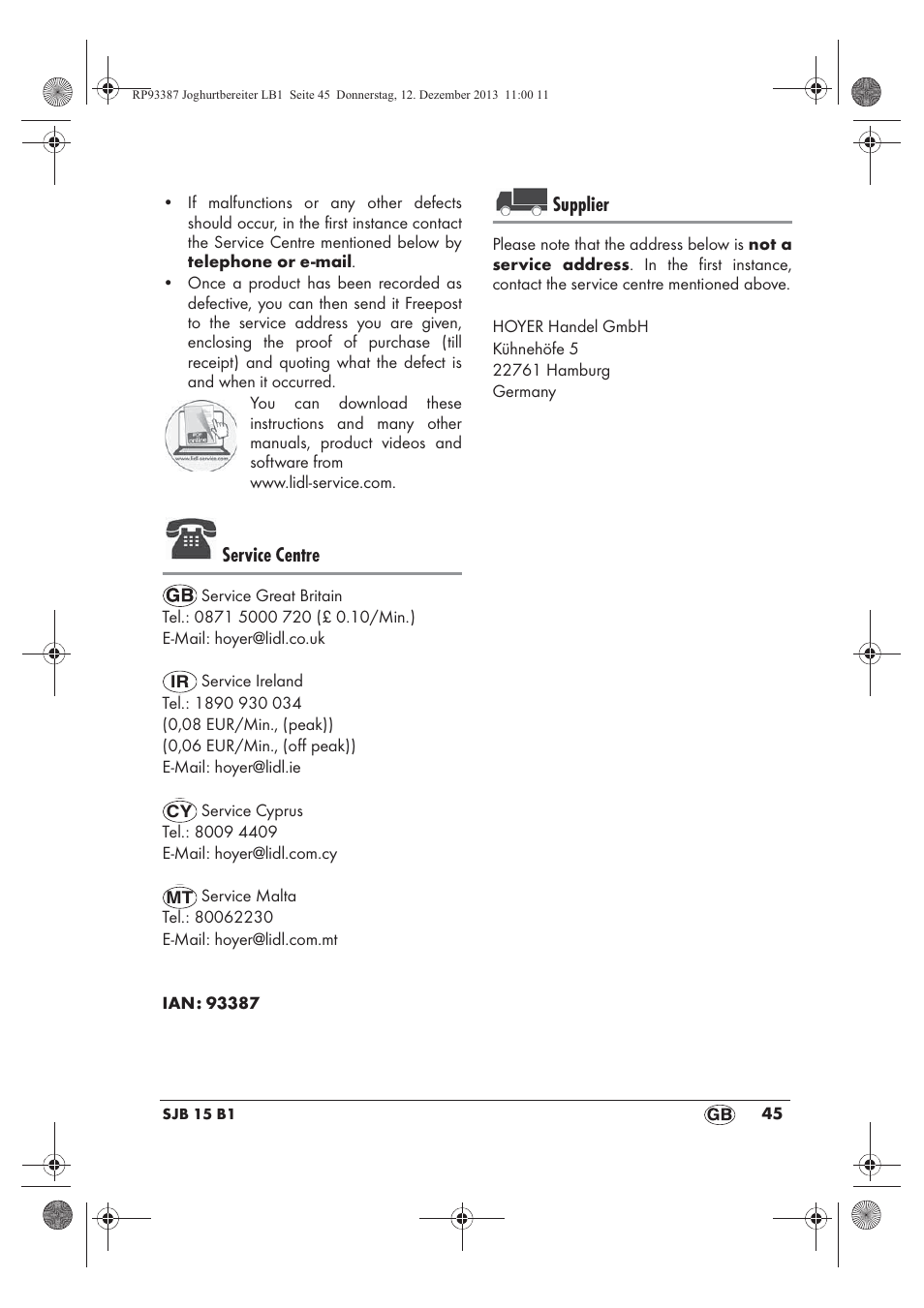 Service centre, Supplier | Silvercrest SJB 15 B1 User Manual | Page 47 / 50