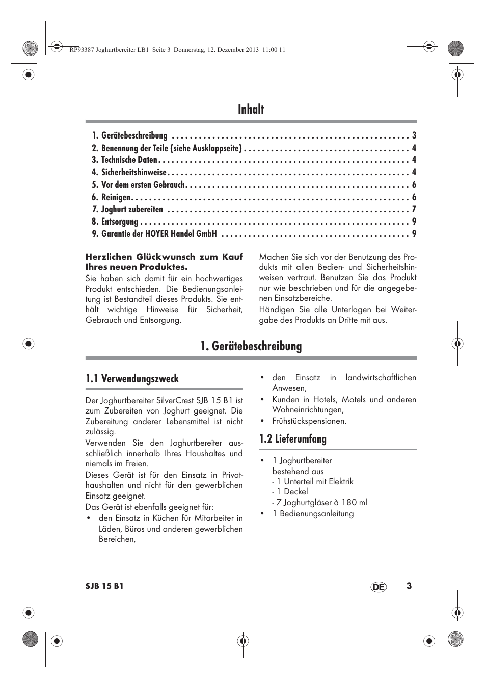 Inhalt, Gerätebeschreibung, 1 verwendungszweck | 2 lieferumfang | Silvercrest SJB 15 B1 User Manual | Page 5 / 50