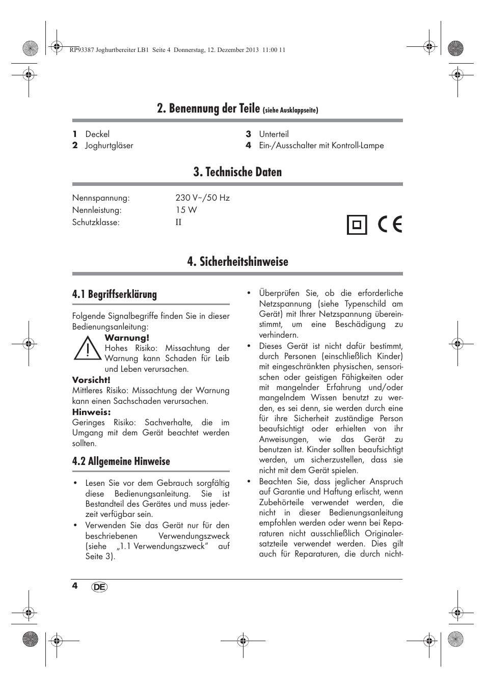 Benennung der teile, Technische daten, Sicherheitshinweise | 1 begriffserklärung, 2 allgemeine hinweise | Silvercrest SJB 15 B1 User Manual | Page 6 / 50