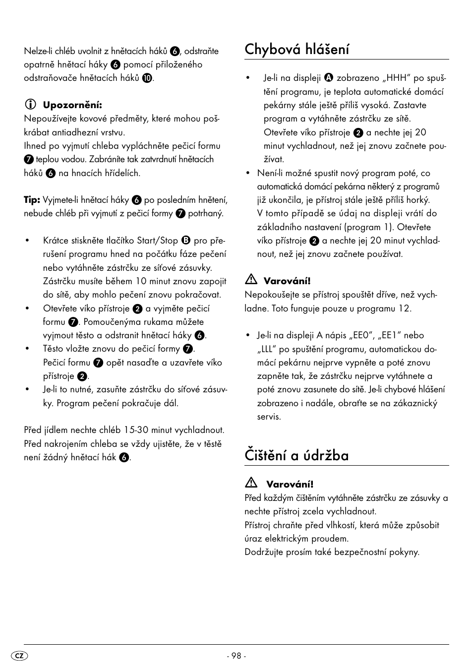 Chybová hlášení, Čištění a údržba | Silvercrest BREAD MAKER SBB 850 A1 User Manual | Page 101 / 160