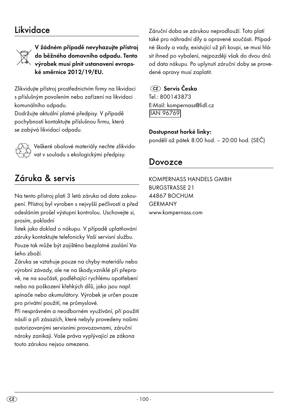 Likvidace, Záruka & servis, Dovozce | Silvercrest BREAD MAKER SBB 850 A1 User Manual | Page 103 / 160