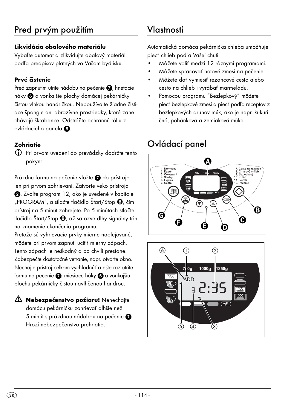 Pred prvým použitím, Vlastnosti, Ovládací panel | Silvercrest BREAD MAKER SBB 850 A1 User Manual | Page 117 / 160